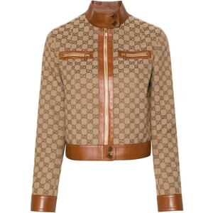 NWT Gucci GG Canvas Jacket Leather Trim Neutral Brown Tan Womens 40 / US 4